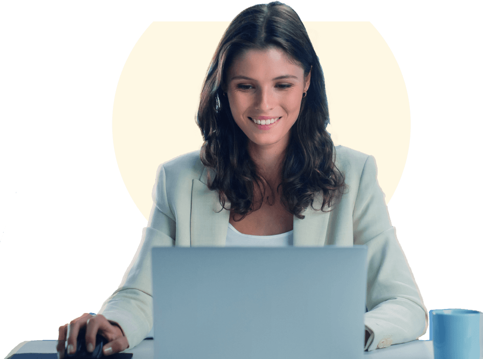A woman booking her free software demo on a laptop
