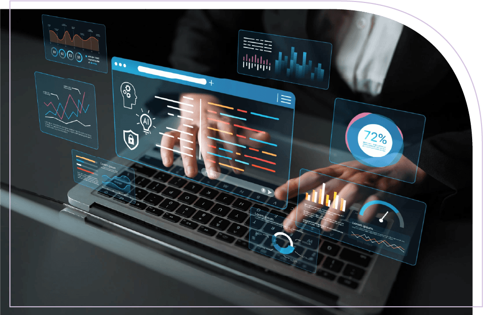A professional working on a laptop with virtual analytics panels, charts, and performance metrics