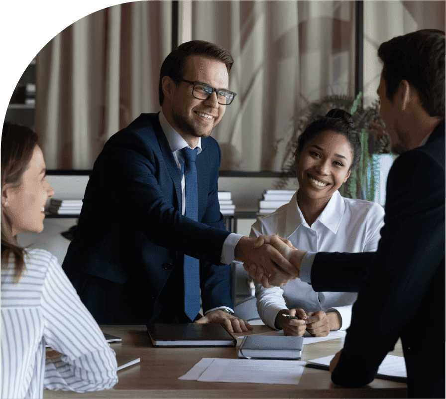 Professionals engage in a formal business discussion