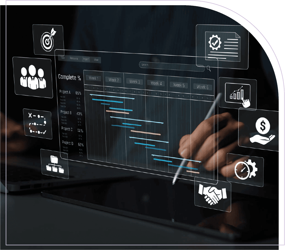 Digital interface showing equipment scheduling, project schedules, resource icons, timelines, and performance indicators