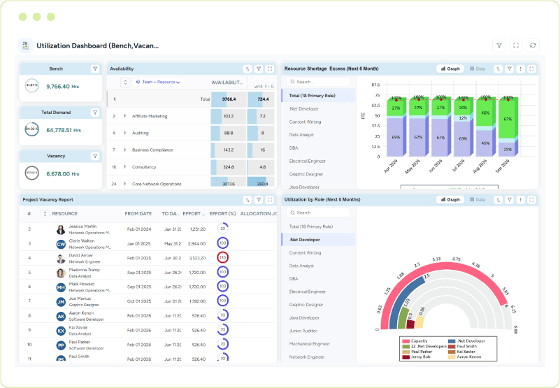 Dashboard showcasing bench strength, vacancy, availability, resource shortage and excess trends, and utilization by role