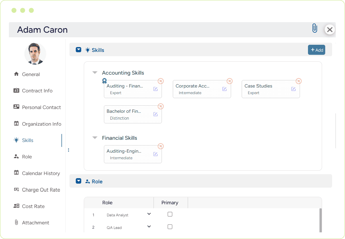 Skill tracking dashboard displaying resource competencies and roles for effective talent planning