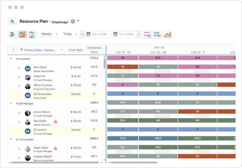 Dashboard showing a heatmap view of team utilization, roles, cost rates, and weekly capacity