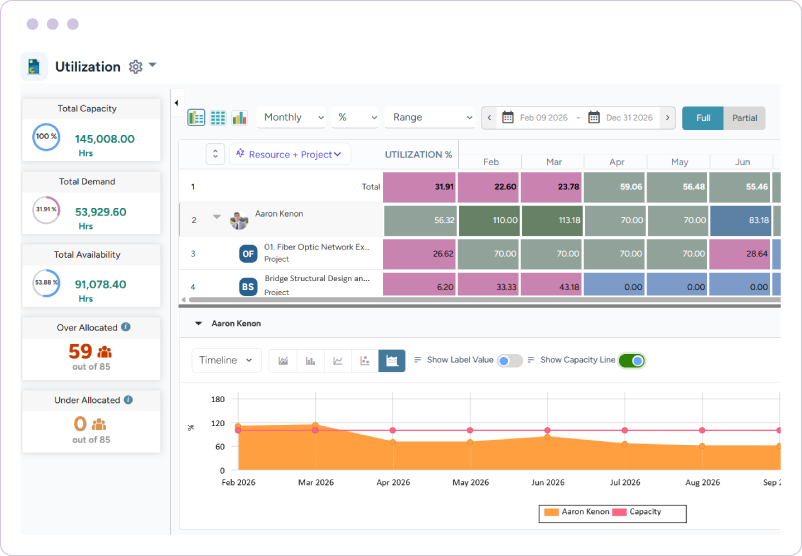 Dashboard showing workforce capacity, demand, availability, over/allocated resources, and monthly utilization percentages