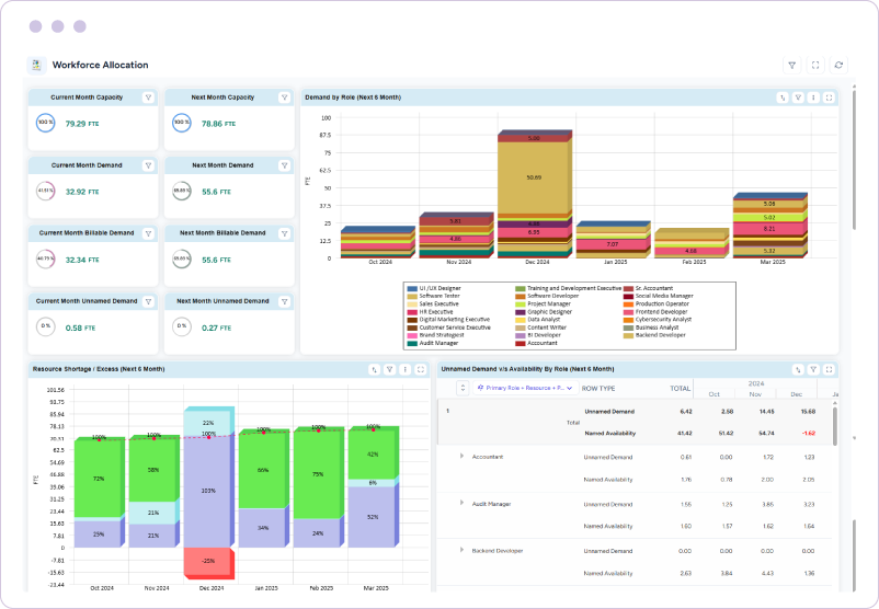 Dashboard showing workforce allocation metrics with monthly demand, capacity, shortage, excess, and role-based availability charts