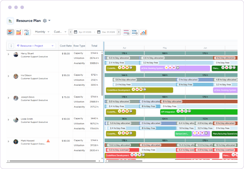 Dashboard showing resource plan with cost rate, capacity, utilization, availability, and project allocations