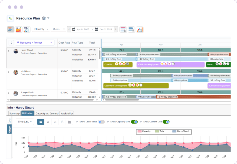 Dashboard showing resource plan timeline, capacity, utilization, availability, and project allocations