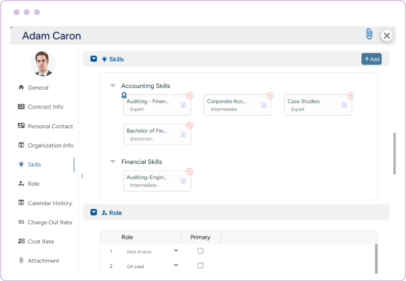 Employee profile showing skills, proficiency levels, roles, and primary role selection