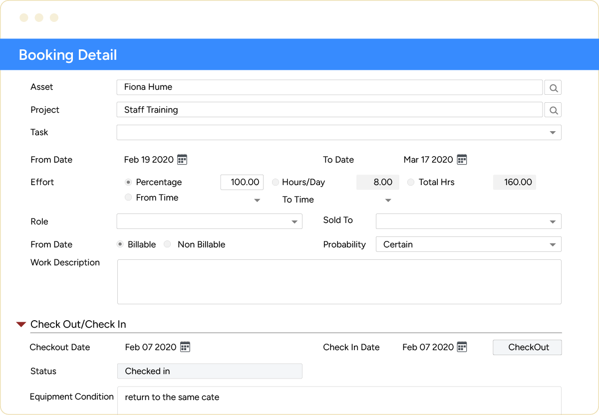 Equipment scheduling software booking detail screen