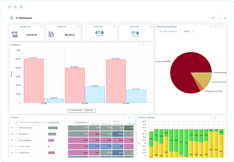 Dashboard showing PMO executive governance metrics with forecasted and actual costs, active risks, active issues, and capacity vs. demand analysis