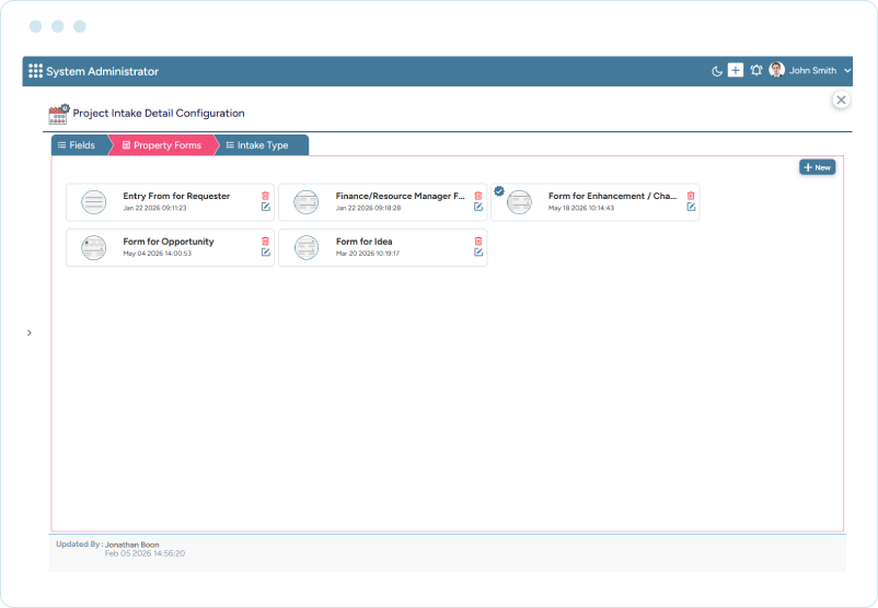 Interface showing a project intake detail configuration screen with property form cards and edit options