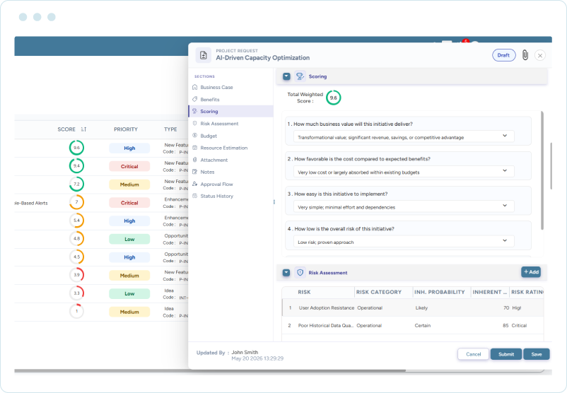 Interface showing a project request screen with weighted score questions and risk assessment details