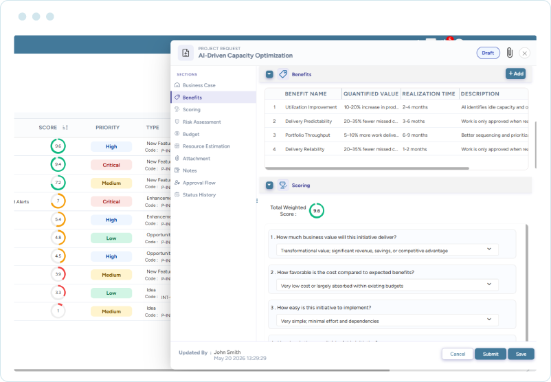 Project request form showing project benefits, quantified values, realization time, and scoring questions