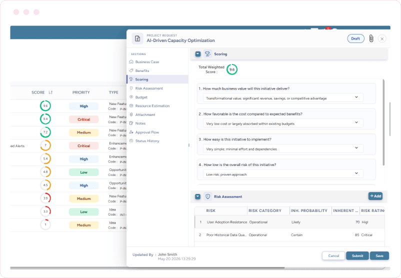 Screen showing project request form with weighted score, scoring questions, and risk assessment details