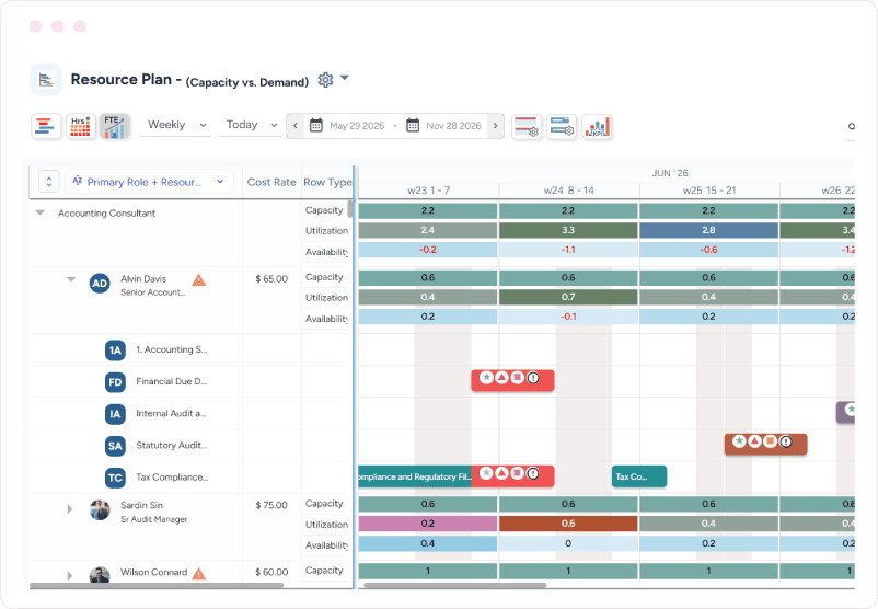 Dashboard displaying capacity, demand, and utilization across weekly project allocations for roles and resources