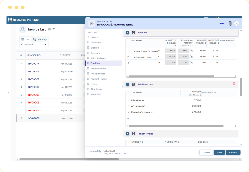 Dashboard showing fixed-fee items, additional charges, and project invoice details