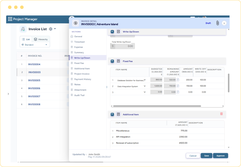 Dashboard showing invoice details, project records, write-up/down values, fixed-fee items, and additional billing entries
