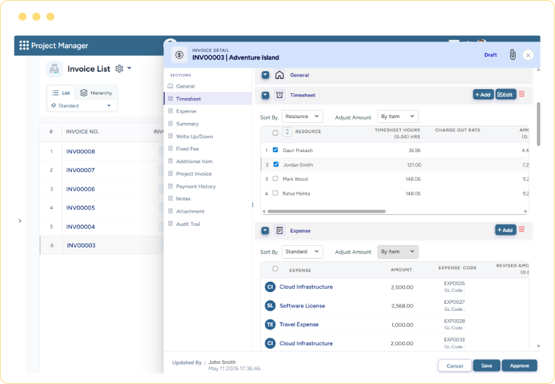 Dashboard showing invoices, project details, timesheet entries, and expense items for billing review
