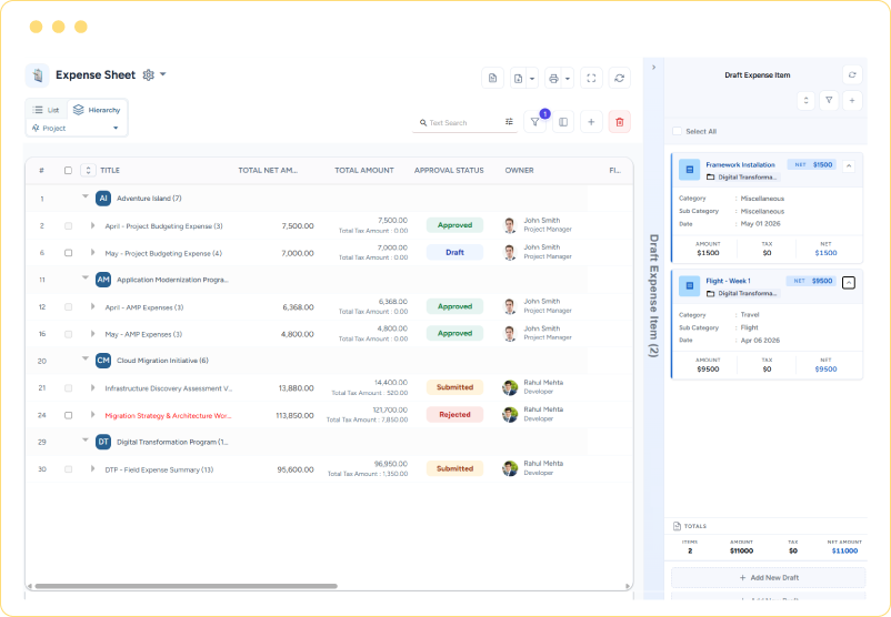 Dashboard showing expense records, owner details, approval status, and draft expense entries by project