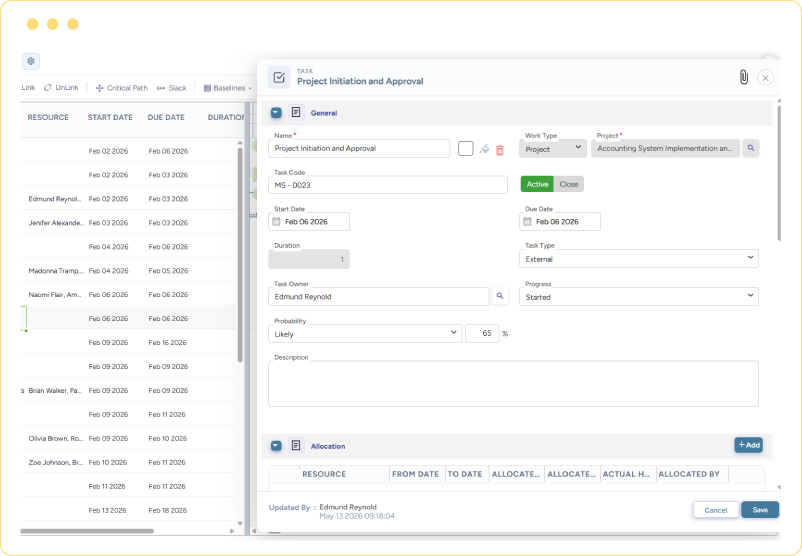 Dashboard showing project initiation and approval details with task timelines, resource assignments, and progress status.