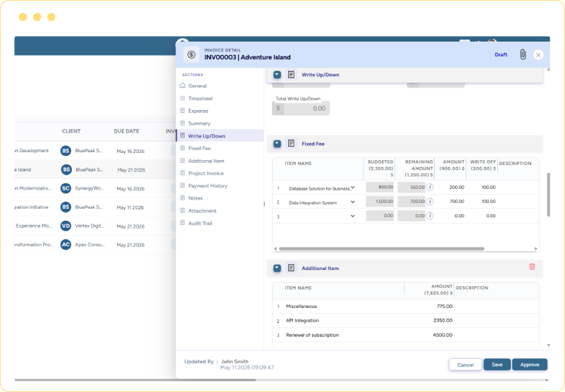 Dashboard showing fixed fee amounts, write-off values, additional billing items, and invoice approval controls