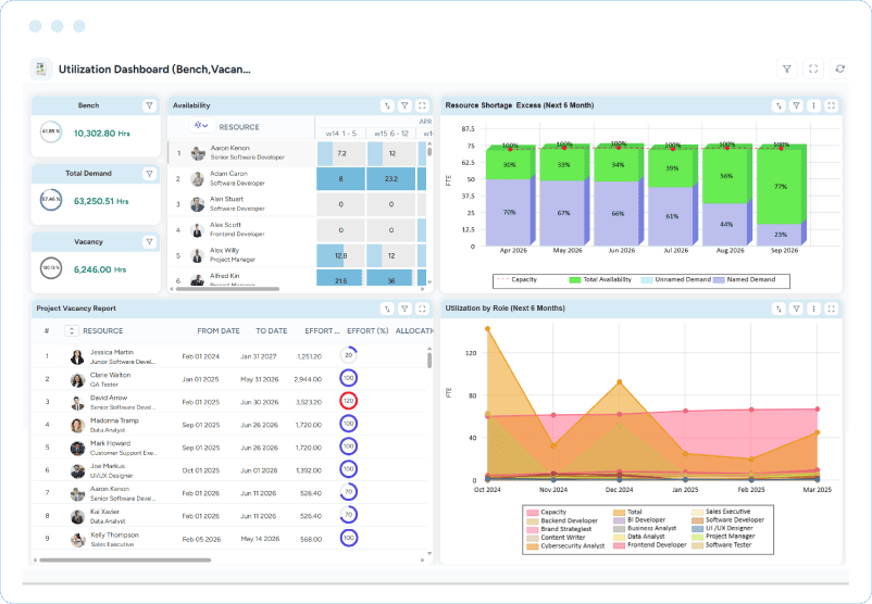 Dashboard showing monthly a resource list, and a chart comparing named demand, unnamed demand, availability, and capacity.