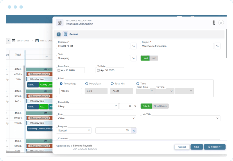 Dashboard showing a resource allocation form for assigning equipment to a project