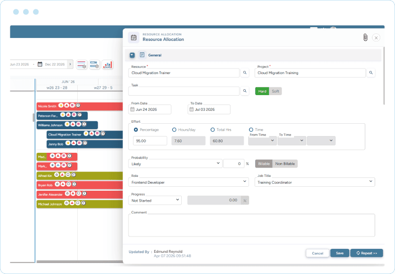 Dashboard showing trainer assignment details with effort, role, and date range