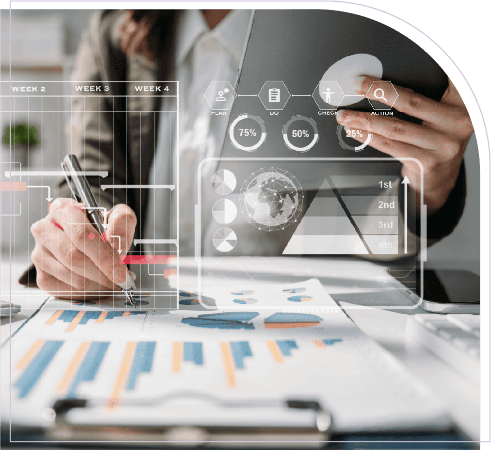 Business professional analyzing project portfolio reports