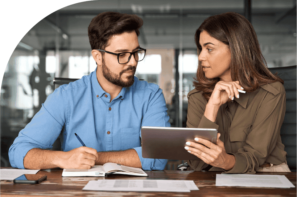 Business professionals checking a project portfolio report