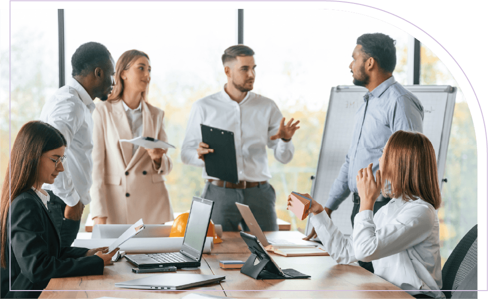 Professionals discussing strategy during a collaborative meeting