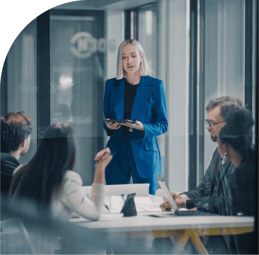 Business leader presenting workforce planning insights during a team meeting