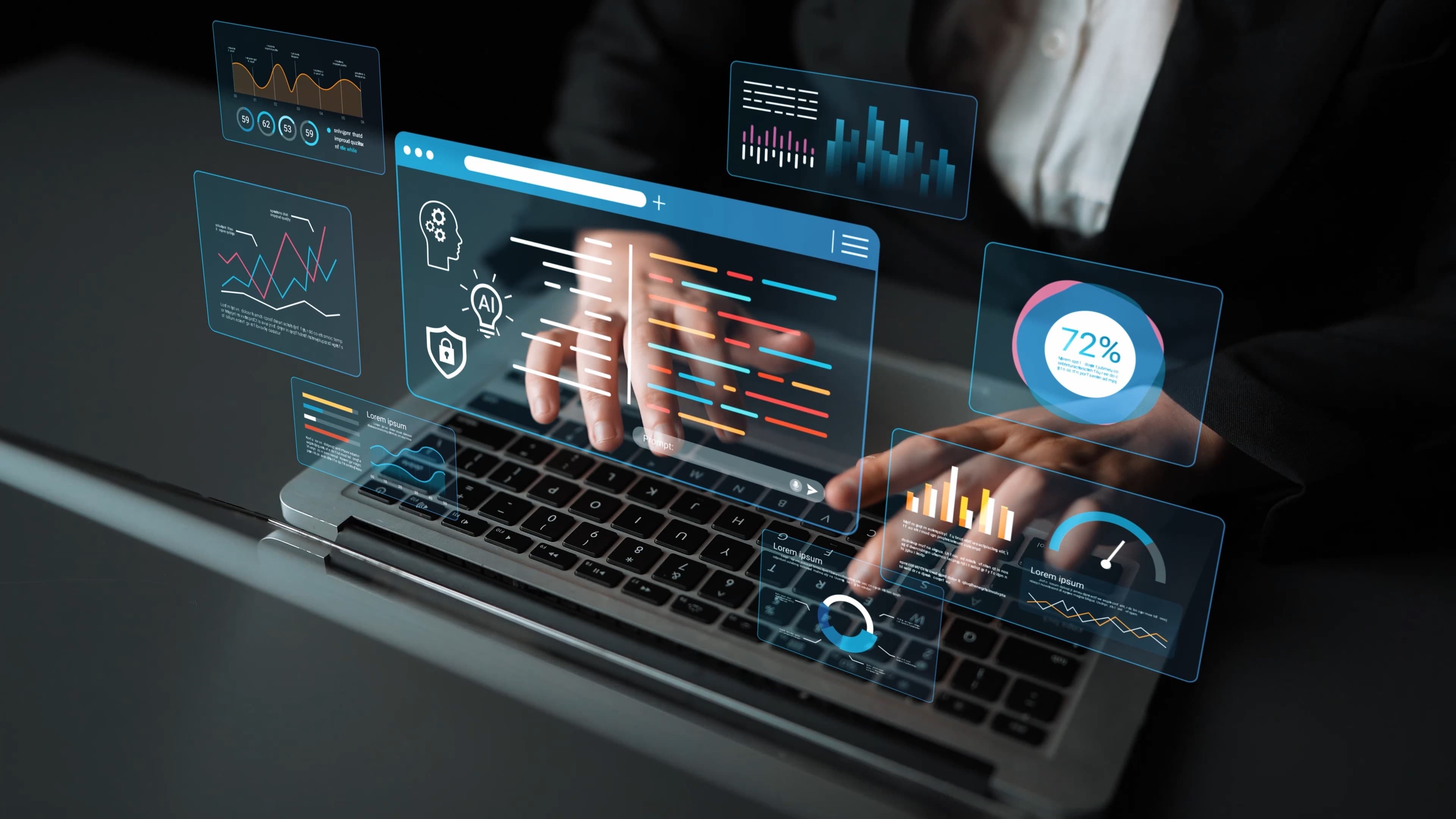 Professional analyzing KaryaPro platform data on a laptop with an augmented dashboard overlay