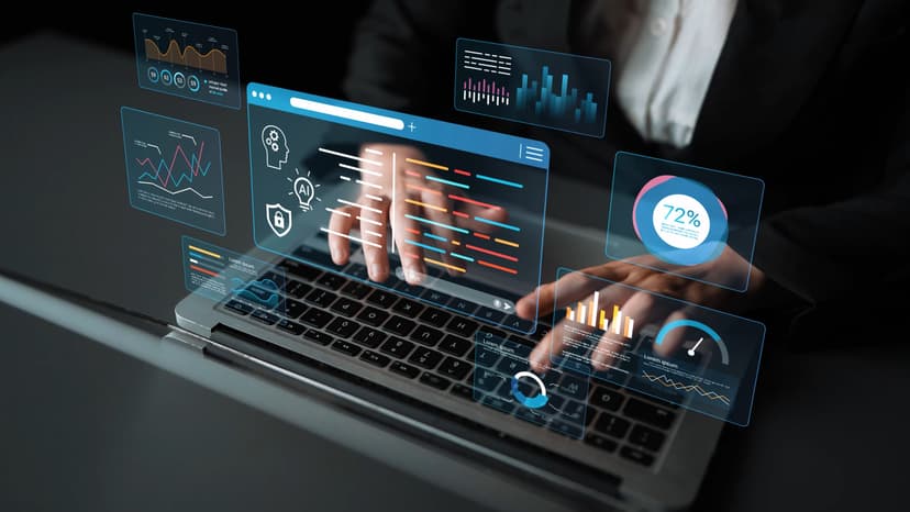 Professional analyzing KaryaPro platform data on a laptop with an augmented dashboard overlay