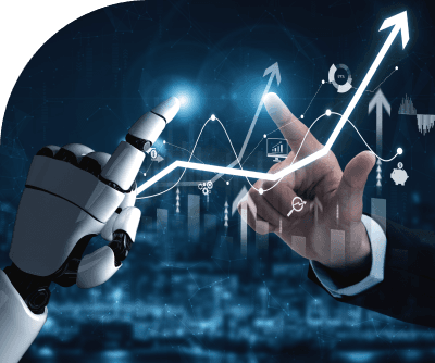 Robotic hand interacting with a rising operational performance graph
