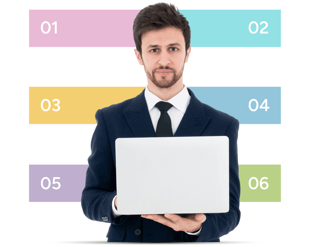 Professional holding a laptop with the six stages of professional services support highlighted
