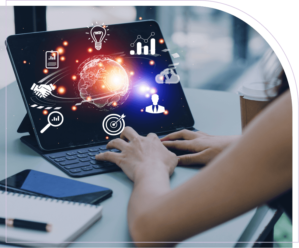 Professional using a tablet with icons representing diverse industry use cases