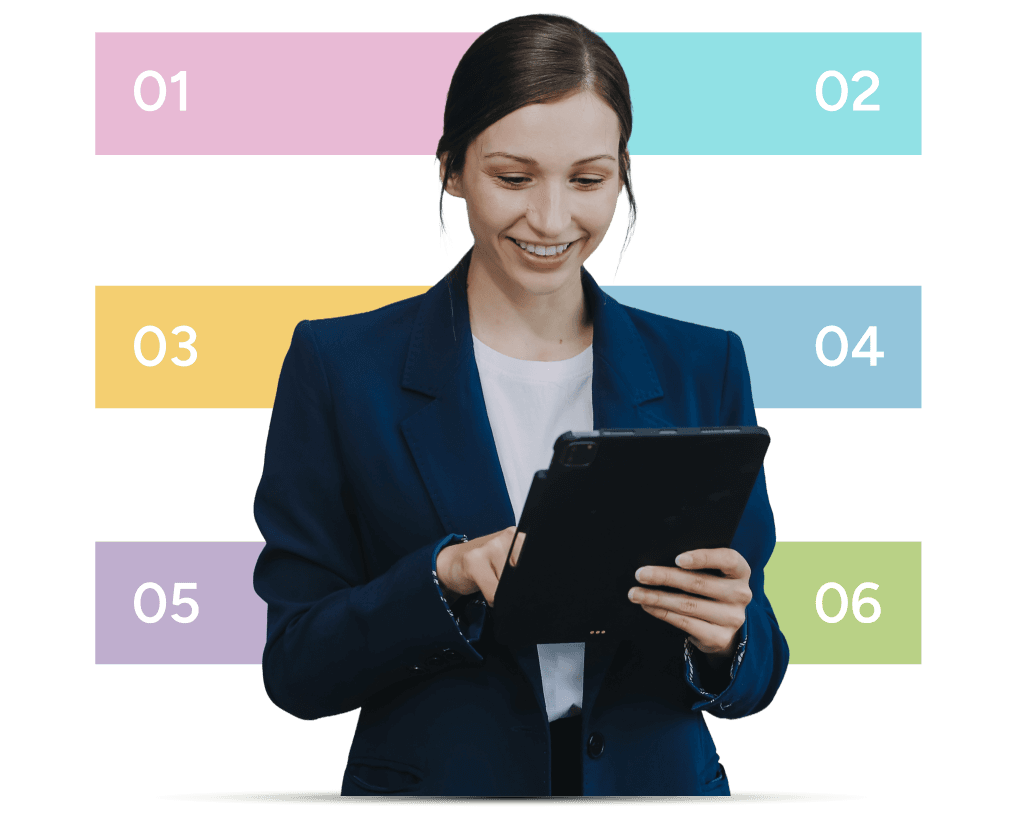 Professional using a tablet with the six stages of project delivery improvement highlighted